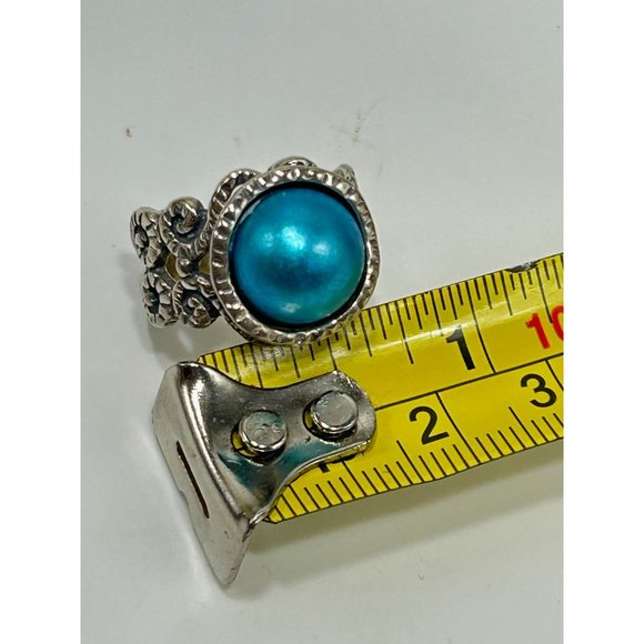 Dyed Blue Genuine Pearl Ring Size 5 Sterling Silver Israel 925 Ornate Wide Band - Picture 9 of 10